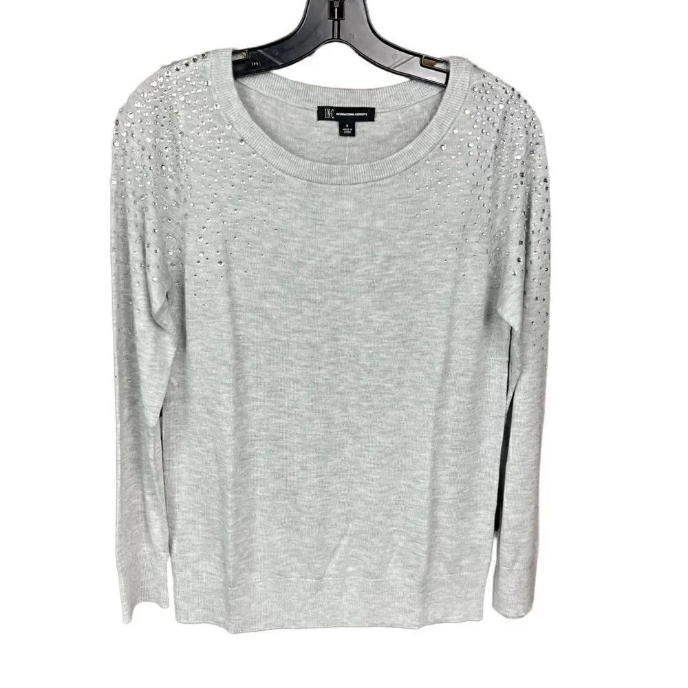 INC International Concepts Sweater Crew Neck Long Sleeve Grey Embellished Small